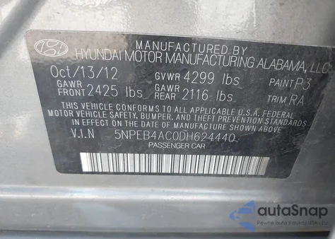 2013 Hyundai Sonata Gls из США, поврежденный, VIN 5NPEB4AC0DH624440